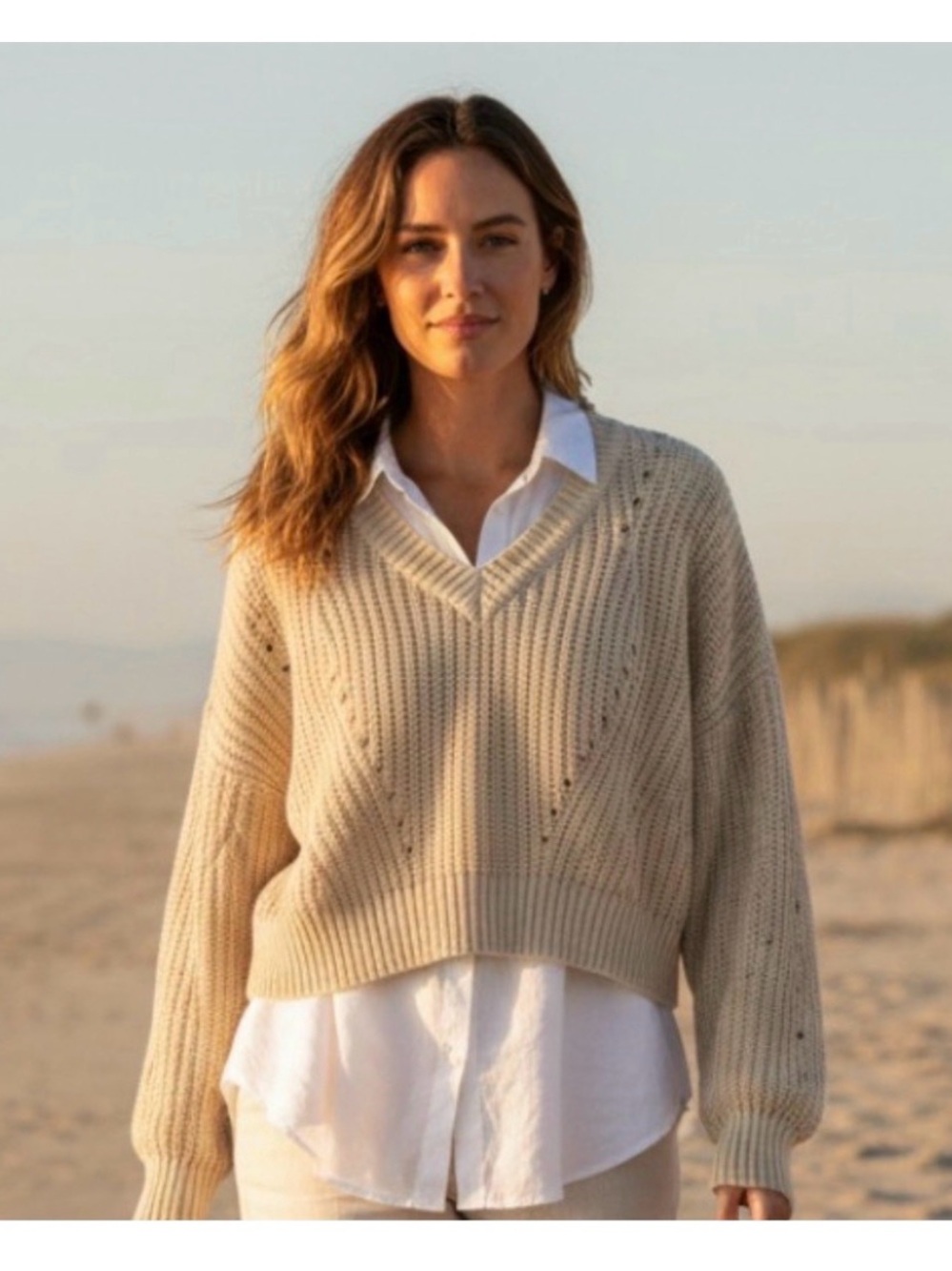 JON&ANNA Beige Pointelle Knit Cropped V-Neck Sweater M Boxy Coastal Fisherman